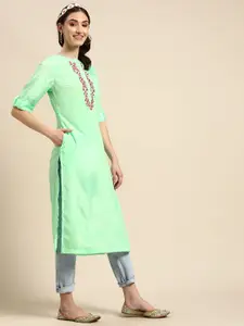 Sangria Women Green Ethnic Motifs Embroidered Thread Work Kurta