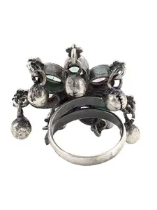 TEEJH Women Oxidized Silver-Toned & Green Stone-Studded Finger Ring
