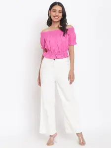Fabindia Pink Off-Shoulder Bardot Crop Top