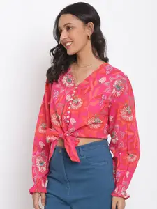 Fabindia Pink Floral Print Shirt Style Top