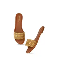 DressBerry Women Tan Embellished Open Toe Flats