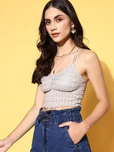 PrettyCat Women Grey Geometric Lace Upper Lightly Padded Bralette Bra