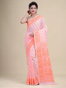 Laa Calcutta White & Orange Woven Design Zari Silk Cotton Jamdani Saree