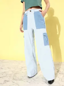 The Roadster Life Co. Women Sky Blue Wide Leg Pure Cotton Block & Patch Cold crush Jeans