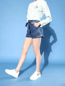 The Roadster Life Co. Women Navy Blue Solid Belted Denim Shorts With Pockets