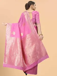 Silk Land Pink & Gold-Toned Woven Design Saree