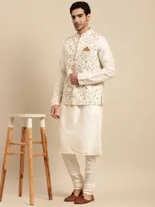 KISAH Men White Kurta with Churidar & Nehru Jacket