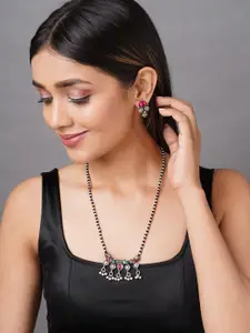 Binnis Wardrobe Silver-Plated Black Stone-Studded & Beaded Mangalsutra With Earrings