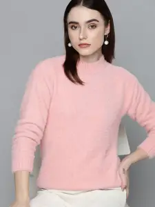 Chemistry Women Pink Solid Hairy Fur Pullover Sweater