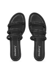 DressBerry Women Black Printed Open Toe Flats with Bows