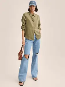 MANGO Women Olive Green Pure Linen Solid Casual Shirt