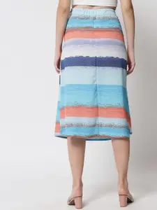 Trend Arrest Women Blue & Peach Printed A-line Midi Skirt