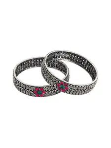 Binnis Wardrobe Set of 2 Silver-Plated Pink & Green Stone Studded Bangles
