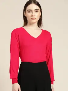 her by invictus Women Magenta Solid Acrylic V-Neck Pullover