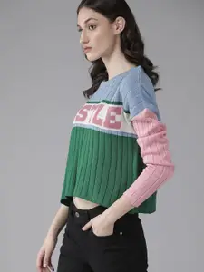 The Roadster Lifestyle Co. Women Green & Blue Colourblocked Acrylic Crop Pullover