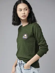 The Roadster Lifestyle Co. Women Green Cable Knit Pullover with Applique Detail