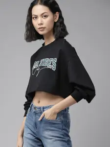 Roadster Women Black Printed Crop Sweatshirt