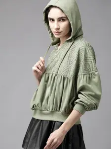 The Roadster Lifestyle Co. Women Olive Green Printed Hooded Sweatshirt