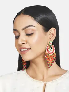 ATIBELLE Maroon & Green Floral Kundan Studded Chandbalis Earrings
