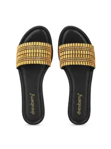 DressBerry Women Black & Gold-Toned Open Toe Flats