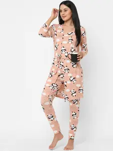 Sweet Dreams Women Peach-Coloured & White Printed Night suit