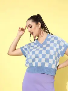Roadster Women Blue & Grey Checked Sweater Vest