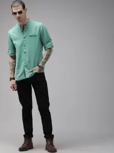 The Roadster Lifestyle Co Men Sea Green Linen Cotton Casual Shirt