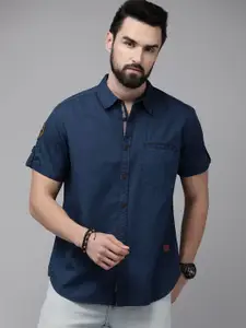 The Roadster Life Co. Men Navy Blue Solid Short Sleeves Pure Cotton Casual Shirt