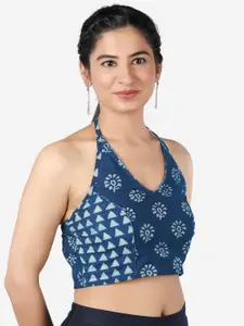 Llajja Women Blue Printed Cotton Saree Blouse