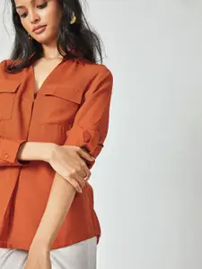 The Label Life Rust Orange Pleated Shirt Style Top
