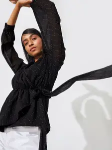 The Label Life Black Tie-Up Neck Beaded Wrap Top