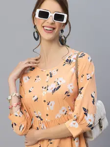 Selvia Peach-Coloured Floral Crepe Empire Dress