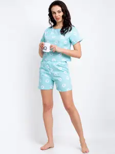Boston Club Women Turquoise Blue & White Printed Night Suit