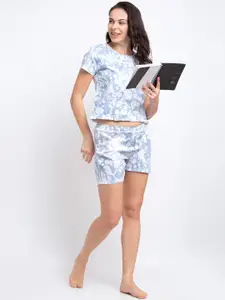 Boston Club Women Blue & White Printed Cotton Night suit