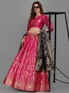PURVAJA Pink & Navy Blue Semi-Stitched Lehenga & Unstitched Blouse With Dupatta