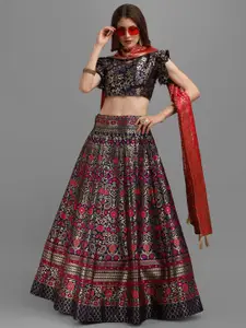 PURVAJA Navy Blue & Red Zardozi Semi-Stitched Lehenga & Unstitched Blouse With Dupatta