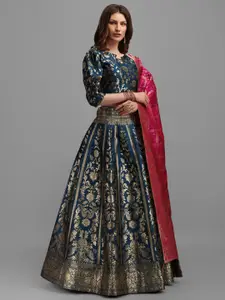PURVAJA Teal Blue & Gold-Toned Semi-Stitched Lehenga & Unstitched Blouse With Dupatta