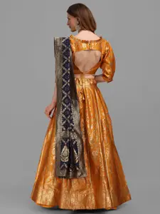 PURVAJA Yellow & Navy Blue Semi-Stitched Lehenga & Unstitched Blouse With Dupatta