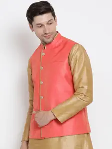 VASTRAMAY Men Coral-Coloured Solid Slim Fit Woven Nehru Jacket