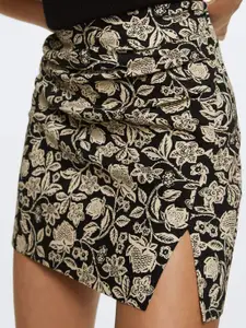 MANGO Women Black & Off-White Floral Print Mini A-Line Skirt