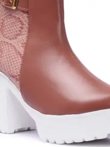 FASHIMO Women Peach Mid-Top Block Heeled Boots With Animal Print Detail