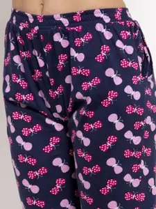 Claura Women Navy Blue & Pink Printed Night suit 100% Cotton