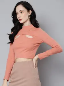 SASSAFRAS Peach-Coloured Front Cut Out Neck Crop Top