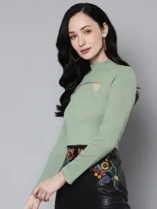 SASSAFRAS Green Front Cut Out Neck Crop Top