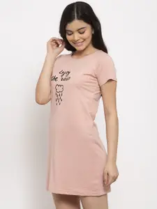 Claura Peach-Coloured Printed Pure Cotton T-Shirt Nightdress