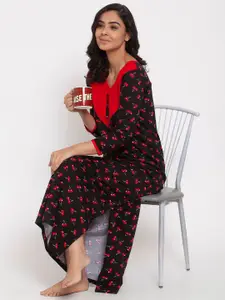 Claura Black Printed Cotton Maxi Nightdress