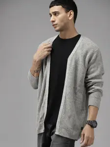 The Roadster Lifestyle Co. Men Grey Melange Self-Design Acrylic Front-Open Sweater