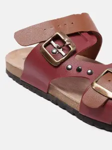 Roadster Women Tan Brown & Maroon Colourblocked Open Toe Flats with Buckles