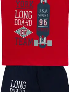 Todd N Teen Boys Red & Navy Blue Pure Cotton Printed T-shirt with Trousers