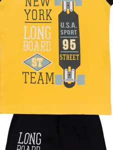 Todd N Teen Boys Yellow & Black Printed Pure Cotton T-shirt with Trousers